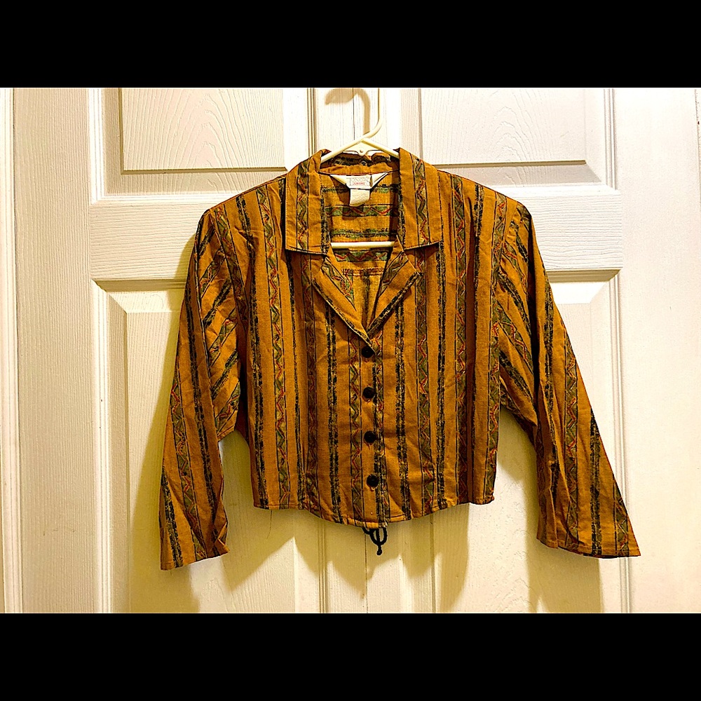 Vintage 1980s Cropped 3/4 sleeve Button top with Lace-Up Back Gold Black Ethnic